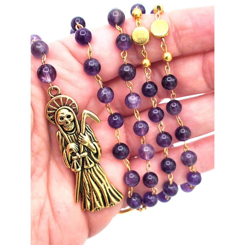 Handmade Amethyst Santa Muerte Rosary - Holy Death Amulet - Natural Stone Beads